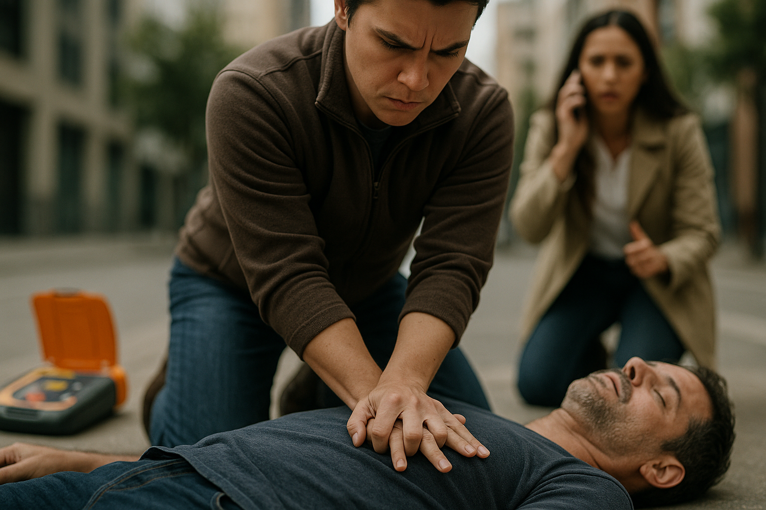 A man giving Basic Life Support though chest compression on the street while a woman behind him trying to call ambulance.