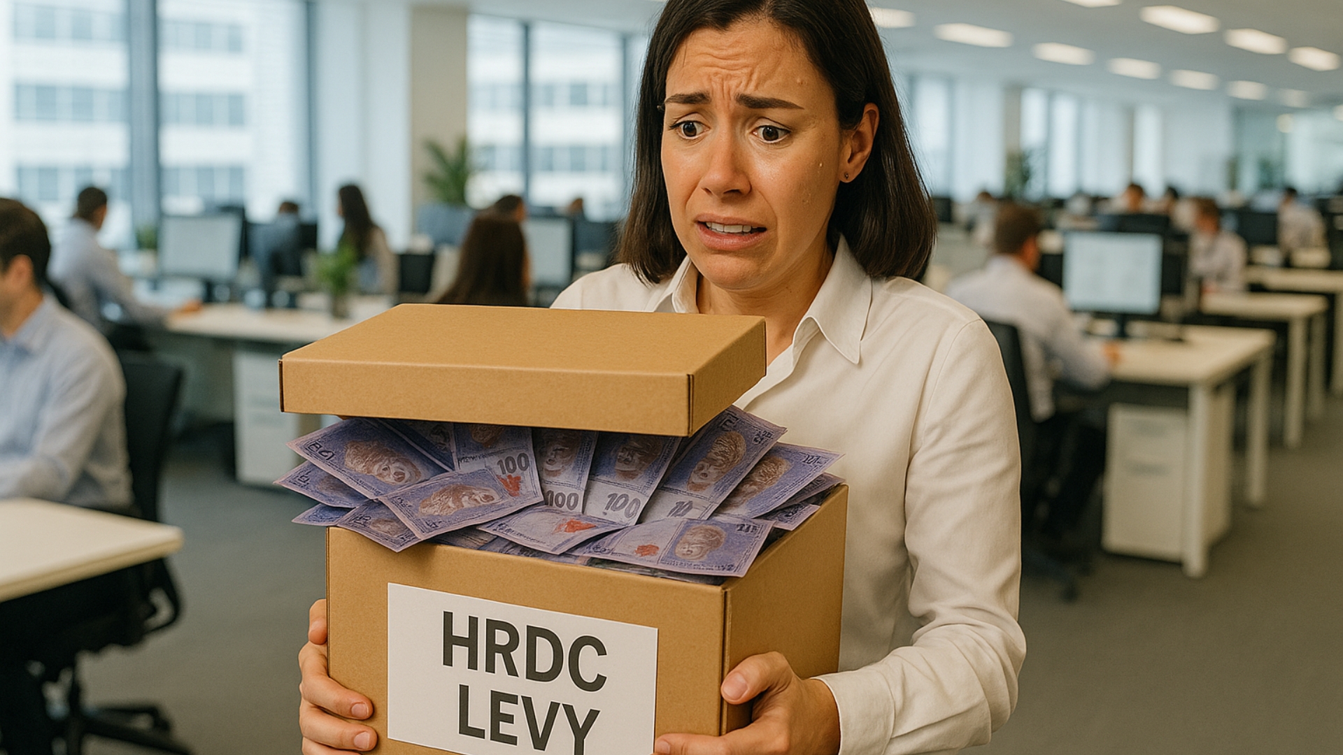 A 28 years old woman holding a box containing HRDF levy money