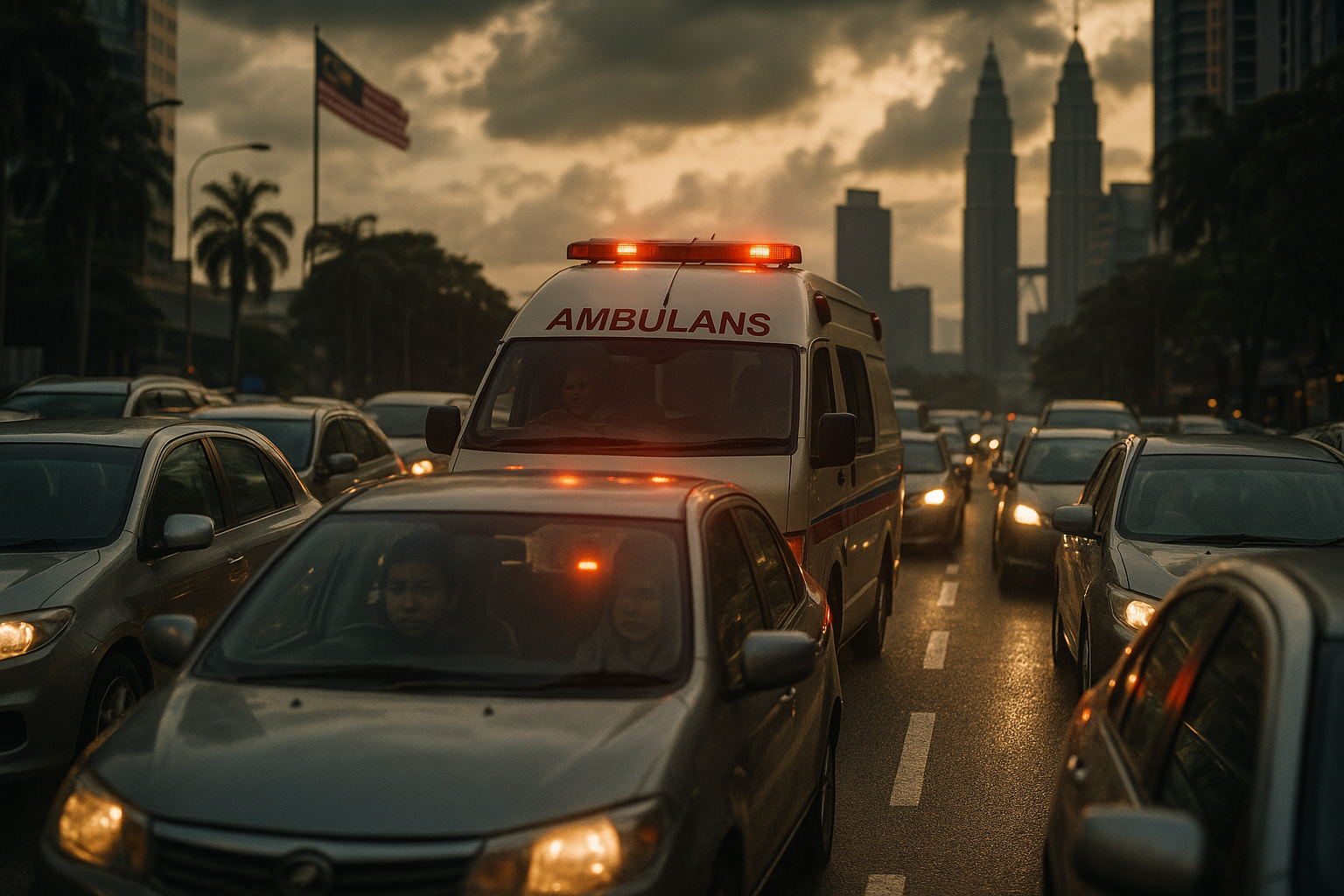 An ambulance stuck in the middle of Kuala Lumpur traffic